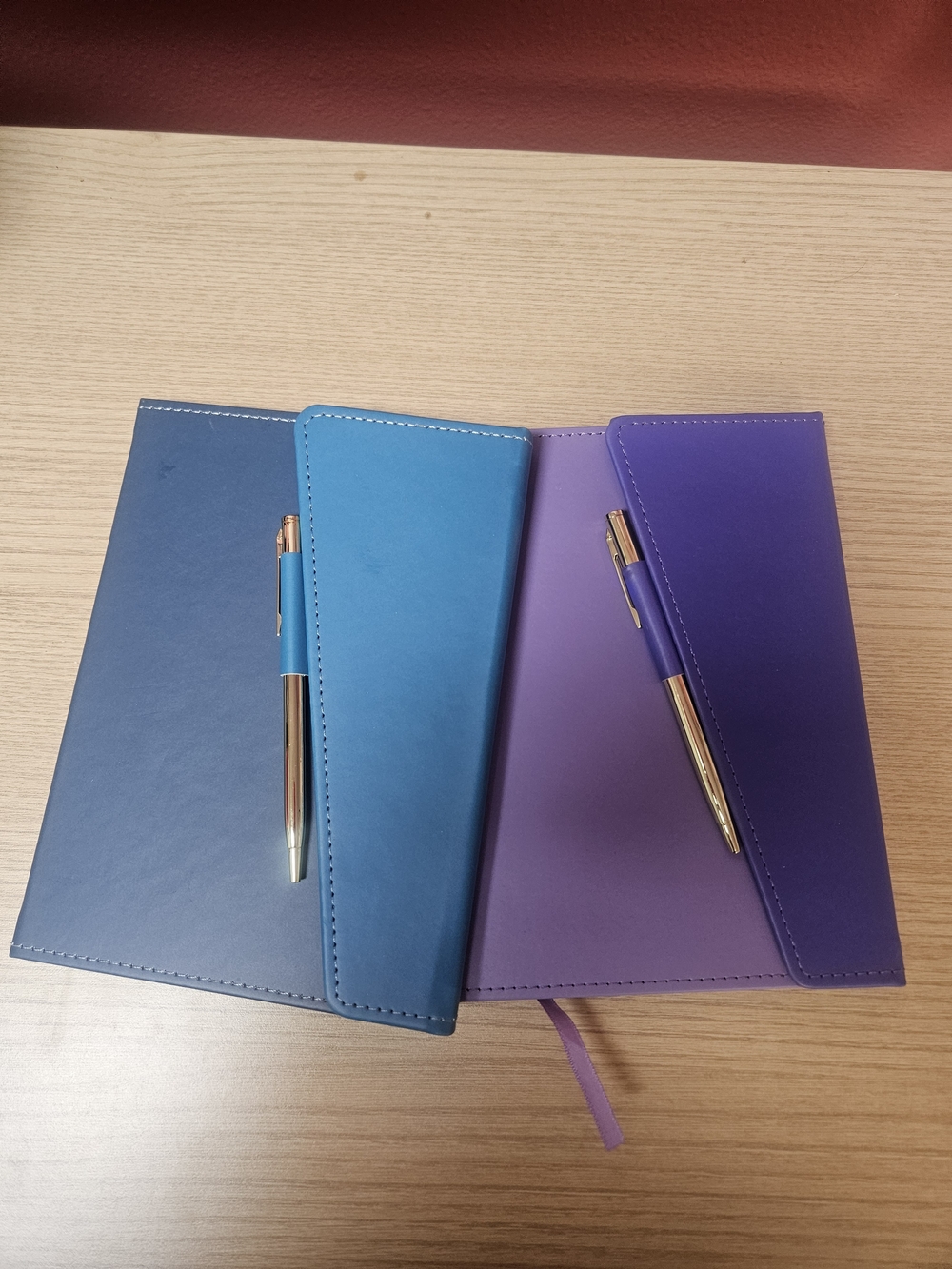 Set of Blue and Purple Faux Leather Notebooks with Gold Pens